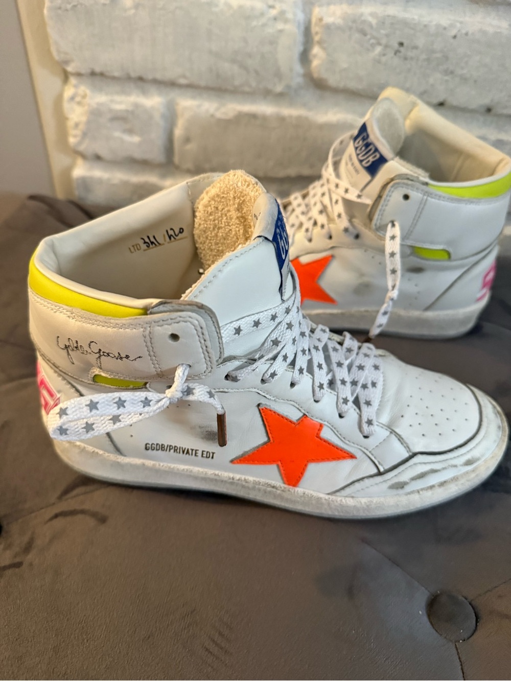 Golden Goose White High-Top Orange Star and Neon Yellow Trim Private Edition